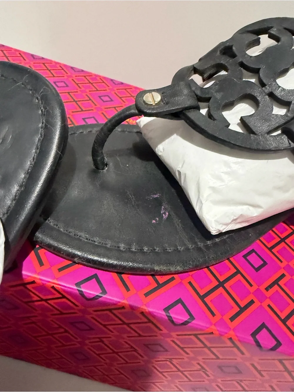 Tory Burch Black Leather Miller Logo Thong Sandals